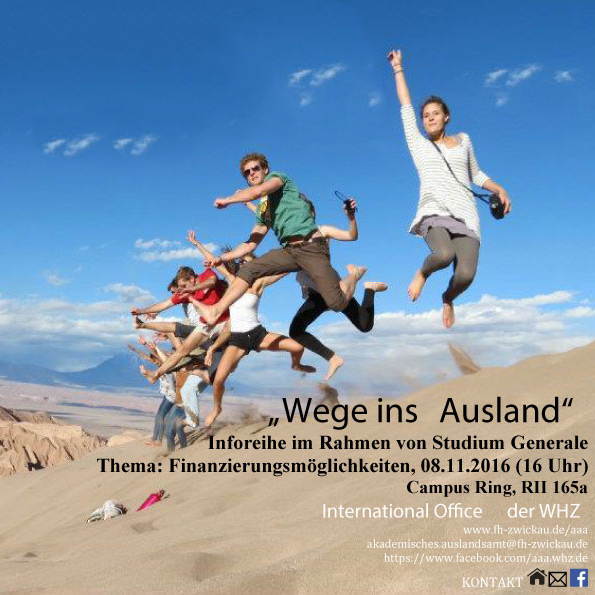 Bild: Flyer zum Thema Finanzierungsmöglichkeiten. Eine Gruppe Studierende springt auf einer Düne gleichzeitig in die Luft.