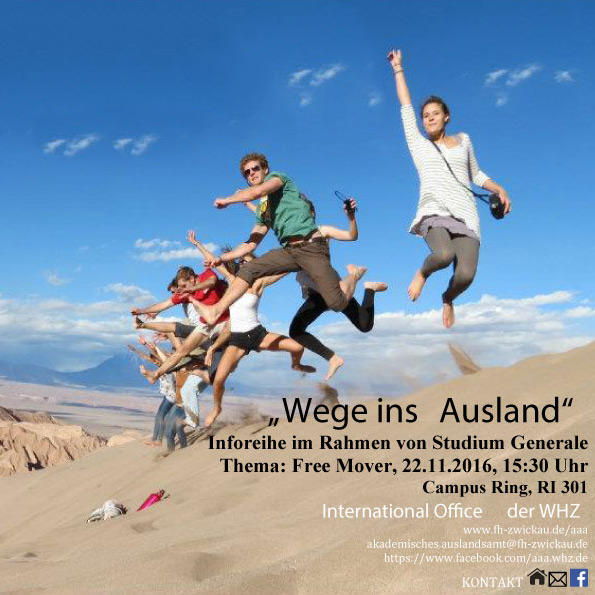 Bild: Flyer zum Thema Freemover. Eine Gruppe Studierende springt auf einer Düne gleichzeitig in die Luft.