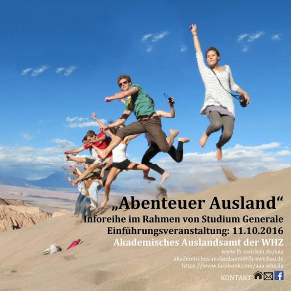 Bild: Flyer zum Thema Einführungsveranstaltung. Eine Gruppe Studierende springt auf einer Düne gleichzeitig in die Luft.
