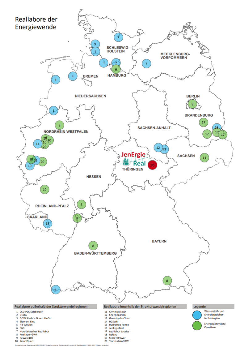 Bild: Deutschlandkarte mit den eingezeichneten Reallaboren.