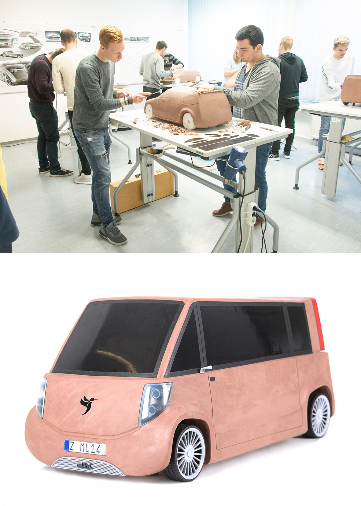 Foto: Studierende arbeiten an einem Clay-Modell des Fahrzeugs. Im zweiten Bildausschnitt ist das Fahrzeug "ColibrE" als Clay-Modell zu sehen. Das Fahrzeug ähnelt einem Kleinbus und besitzt zwei große seitliche Schiebetüren. 