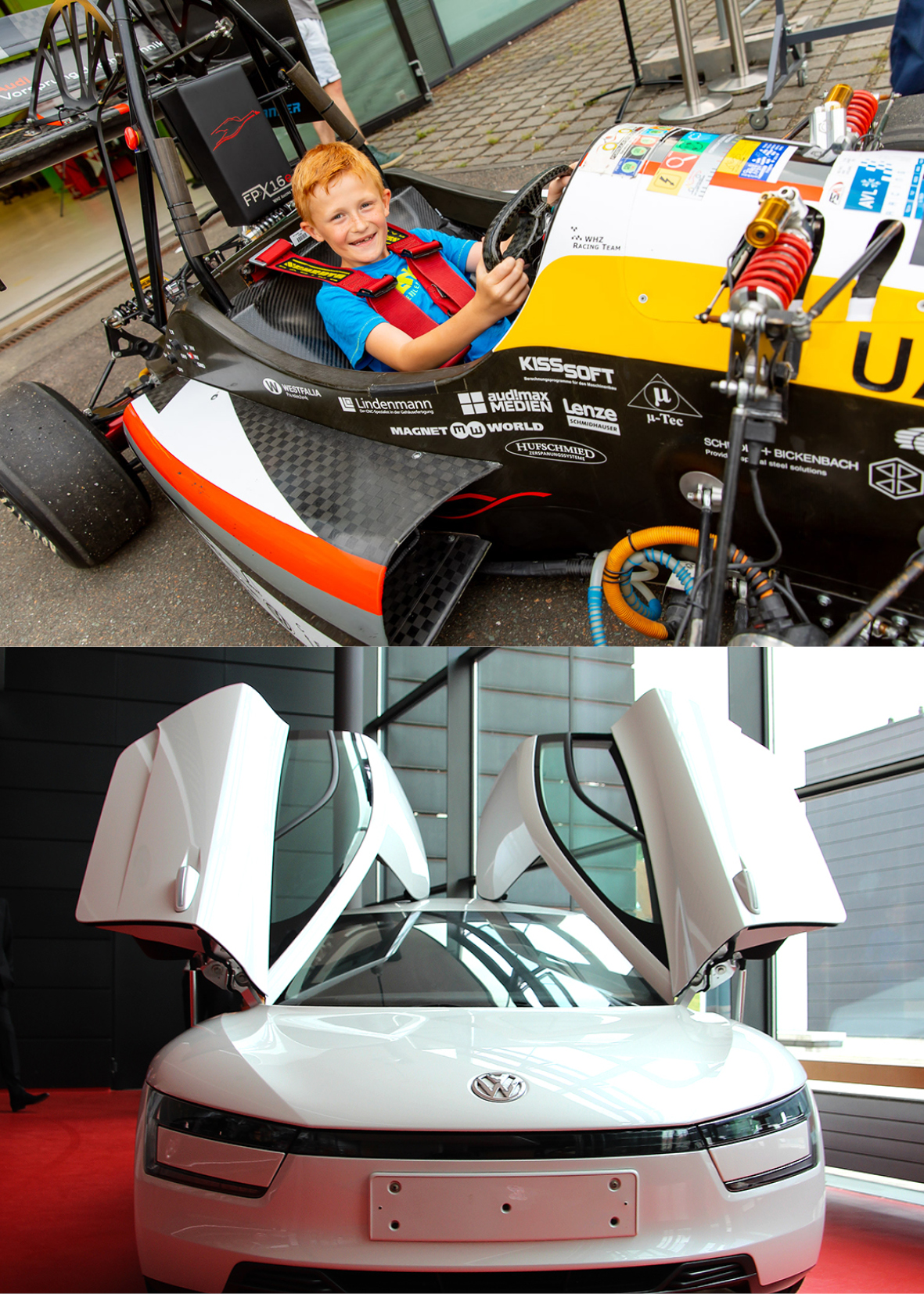Oberes Bild: Ein Kind sitzt in einem Rennwagen und lächelt. Unteres Bild: Der VW-XL 1. Das Fahrzeug ist weiß, die beiden Flügeltüren an der Seite sind geöffnet und nach oben geklappt. 