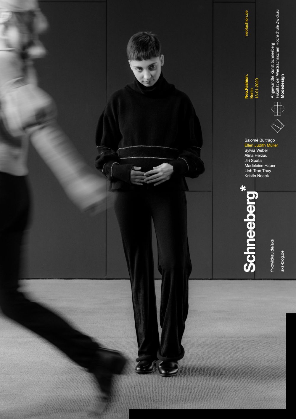 Plakat: Ein Model stehend mit Hose und Oberbekleidung. Werbung für die Neo Fashion Messe Berlin 2020.