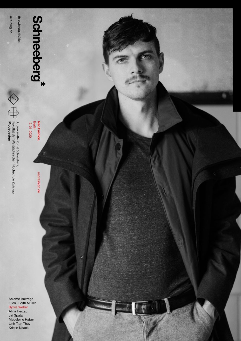 Plakat: Ein männliches Model stehend mit Hose, Pullover und Jacke. Werbung für die Neo Fashion Messe Berlin 2020.