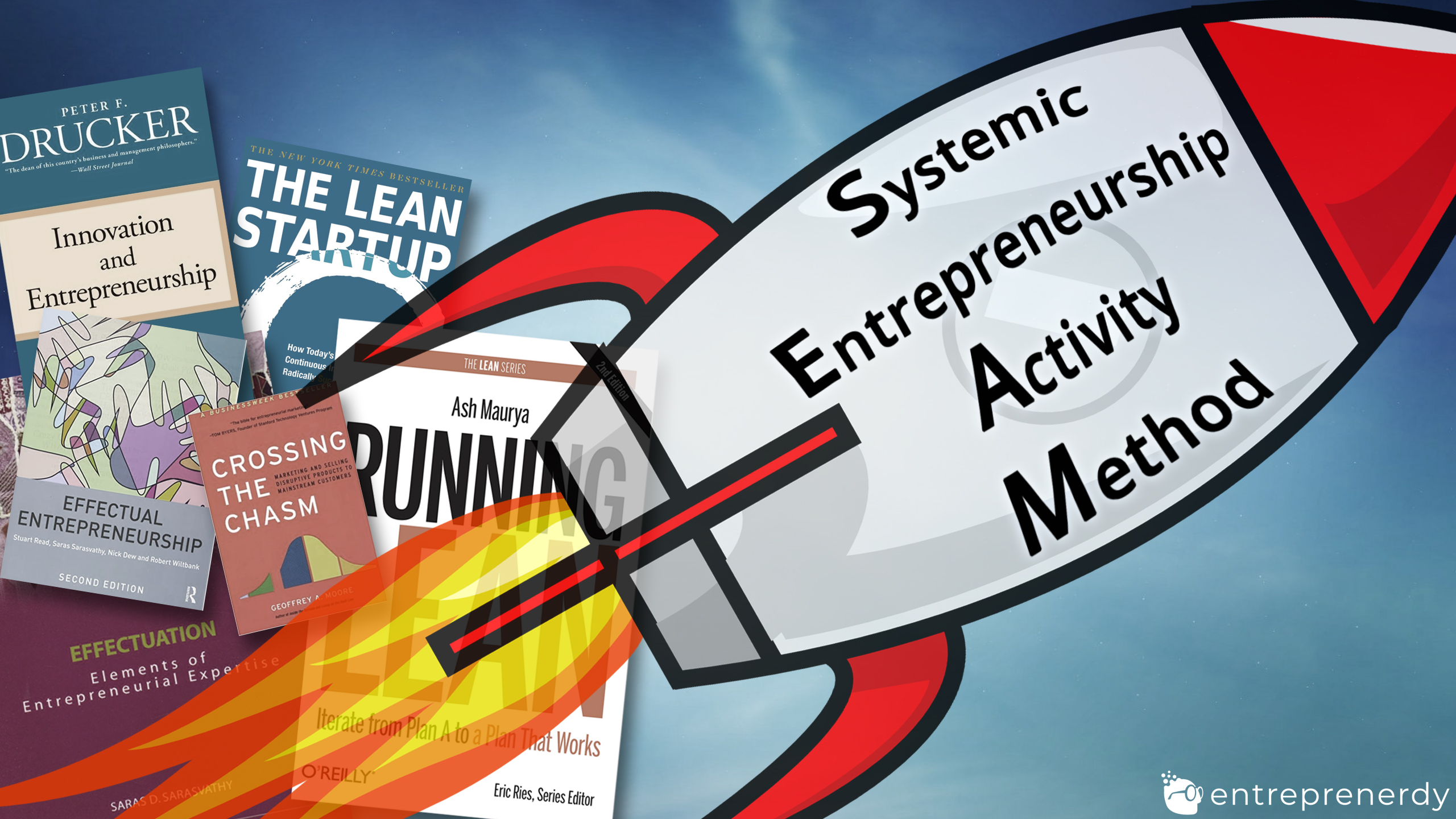 Comic-Grafik, im Hintergrund Business-Magazine, davor Rakete, darin die Worte systemic entrepreneurship activity method.