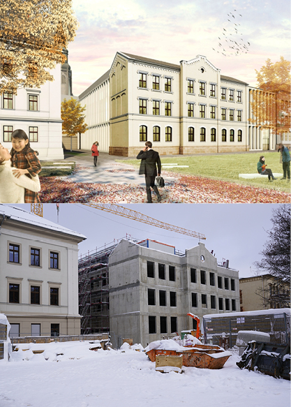 Zwei Bilder: Bild Oben mit Visualisierung/Grafik des Gebäudes, im Hintergrund der Zwickauer Dom. Bild unten mit Gebäude im Rohbau, Kran, Baufahrzeuge- und materialien.
