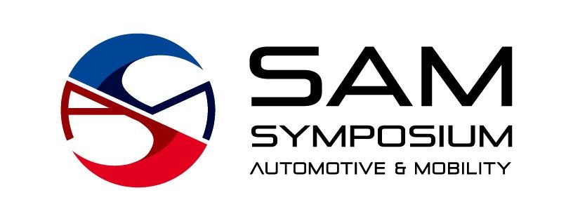 Grafik: das Logo zeigt links einen Kreis mit blauen und roten Elementen, rechts steht SAM Symposium 