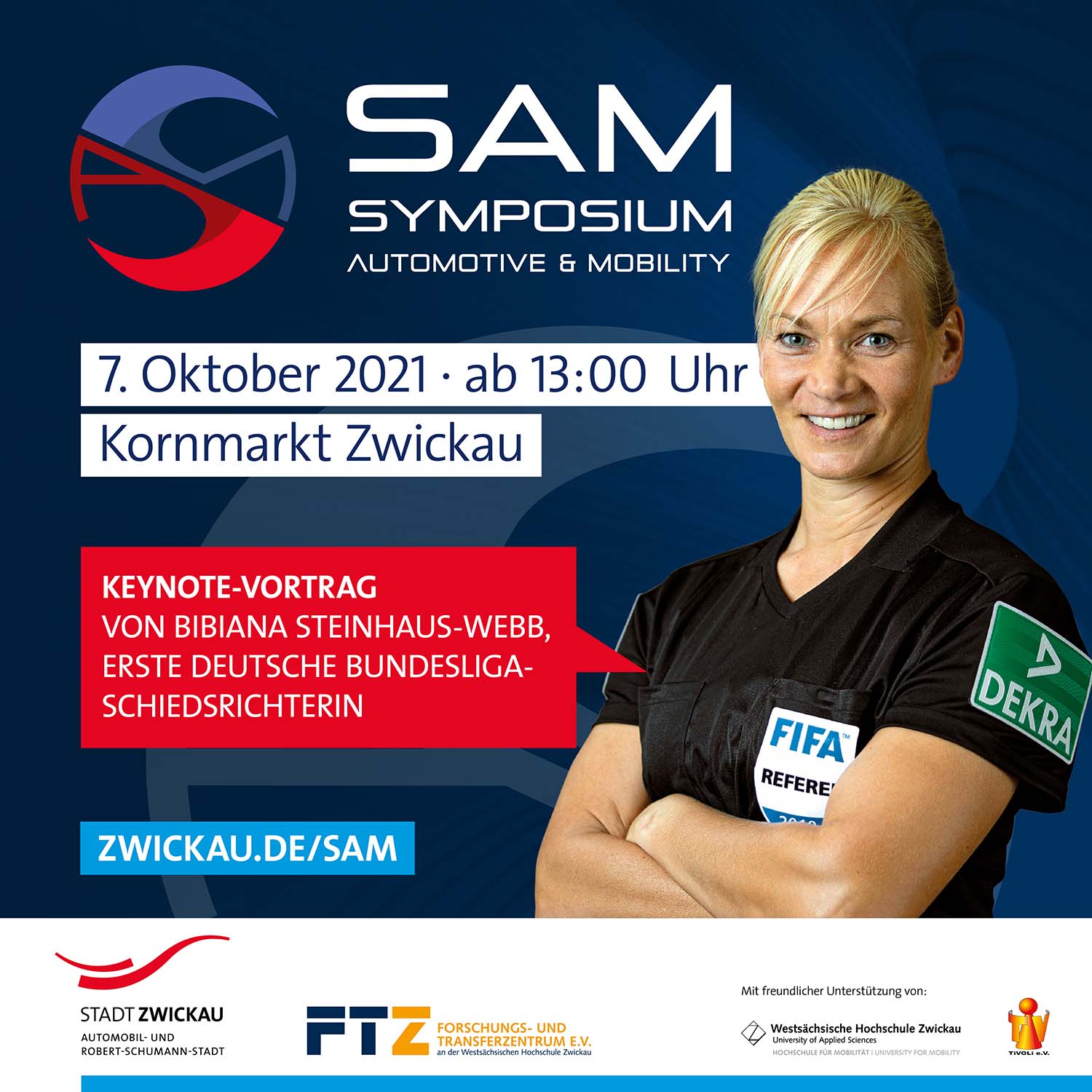Veranstaltungsplakat, SAM Logo, Schriftzug SAM Symposium Automotive & Mobility, im Vordergrund in die Kamera blickend, KeyNote-Speakerin Bibiana Steinhaus-Webb.