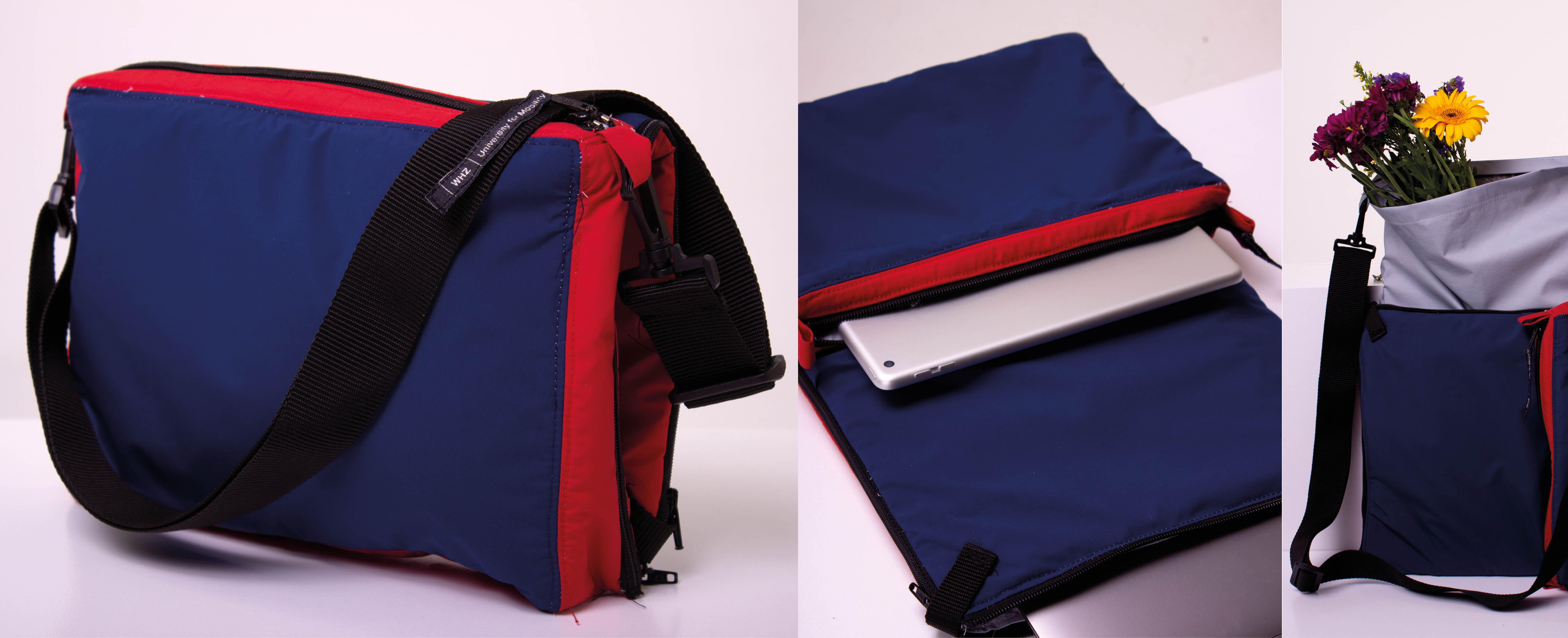 Die Collage zeigt 3 Fotos einer Tasche in den Farben Blau, Rot und Hellgrau. Das Foto in der Mitte zeigt die aufgeklappte Tasche, die auf einer Ablage liegt. Auf dem Foto rechts sieht man eine Nahaufnahme der Tasche mit Sommerblumen.