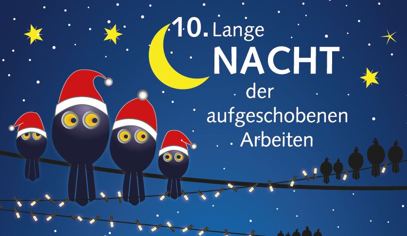 Grafik: Eulen mit Wiehnachtsmützen sitzen auf einem Strobkabel. Im Hintergrund der Mond. Davor Schriftzug Lange Nacht der aufgeschobenen Arbeiten. 