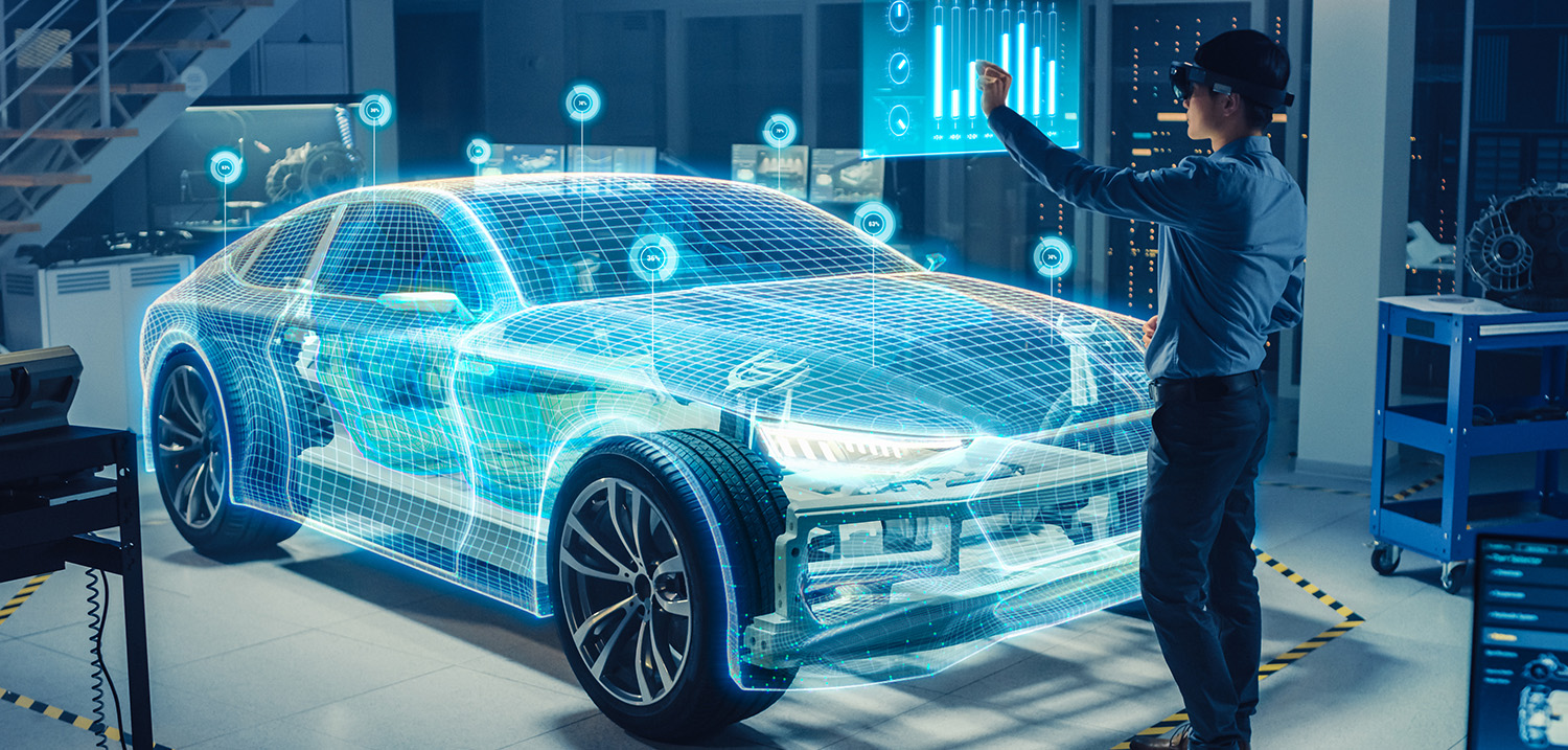Illustration: Ein wissenschaftler betrachtet ein virtuelles Fahrzeugmodell in einem Labor mit einer 3D-Brille. 